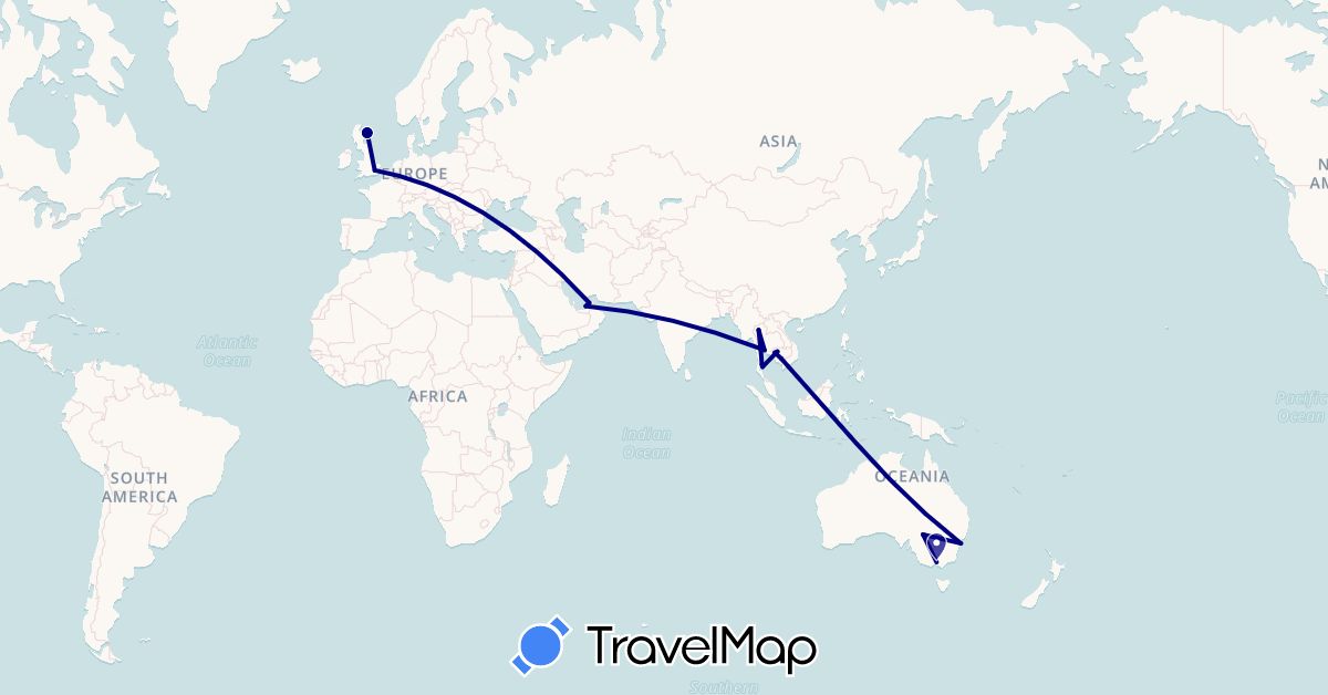 TravelMap itinerary: driving in United Arab Emirates, Australia, United Kingdom, Cambodia, Thailand (Asia, Europe, Oceania)